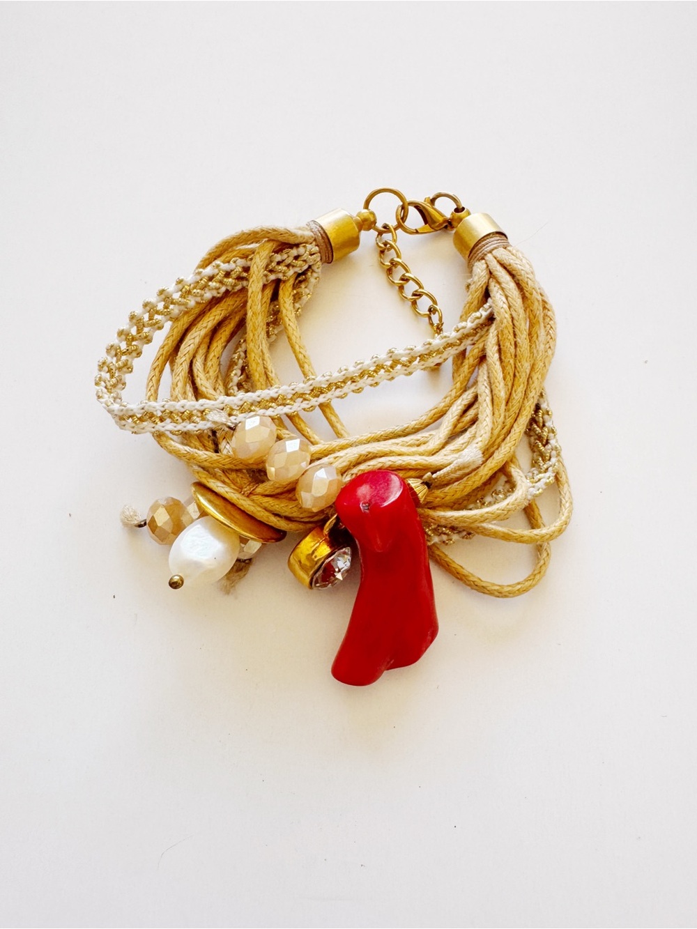 Gold-Tone Multi-Strand Bracelet with Red Coral Charm